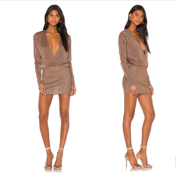 NWT SUPERDOWN Lurex Long Sleeve Metallic Gold Dress Sz M - Picture 1 of 6